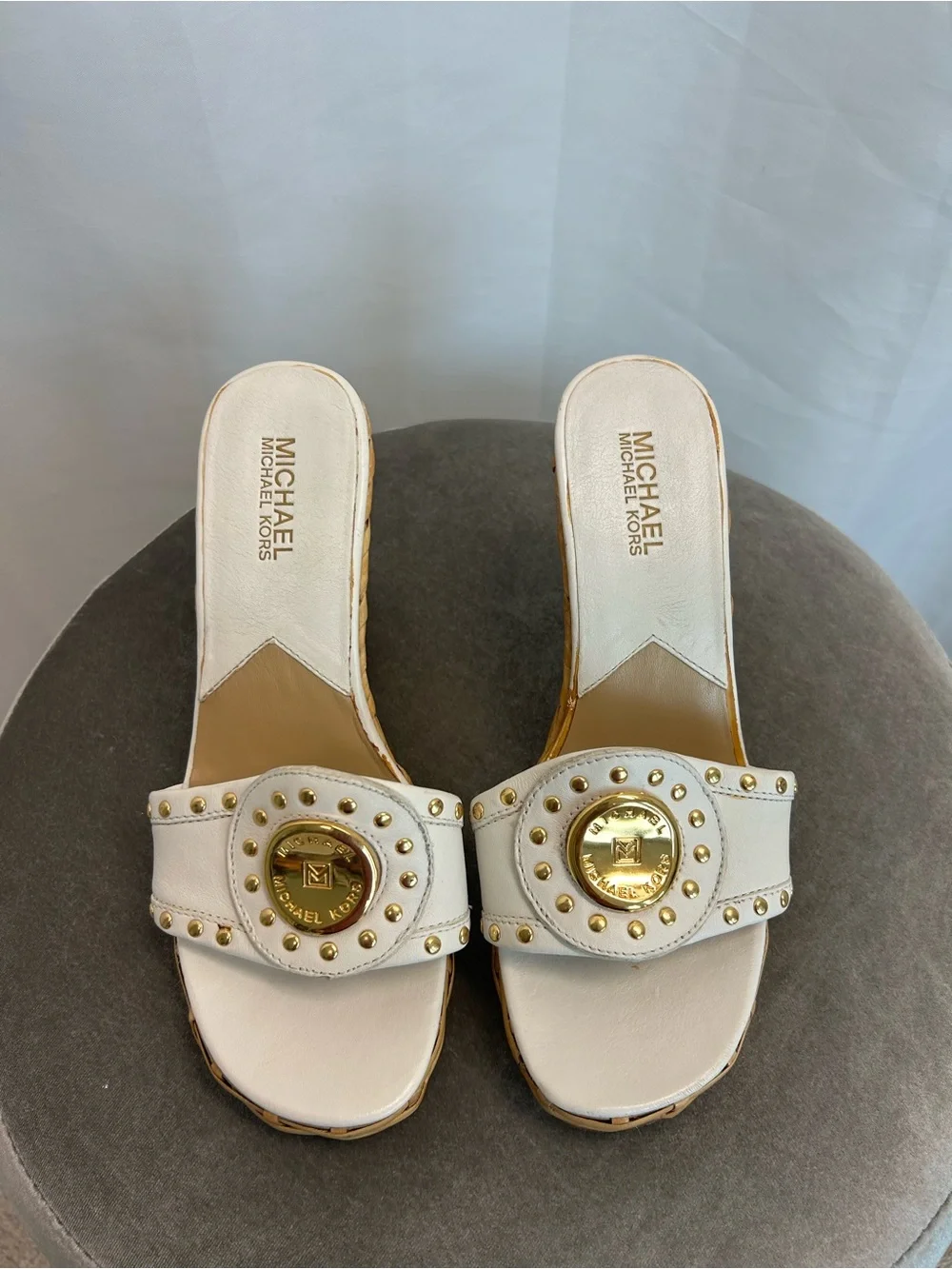 Michael Kors White Leather Studded Woven Wedge Slide Sandals Gold Logo 6.5
